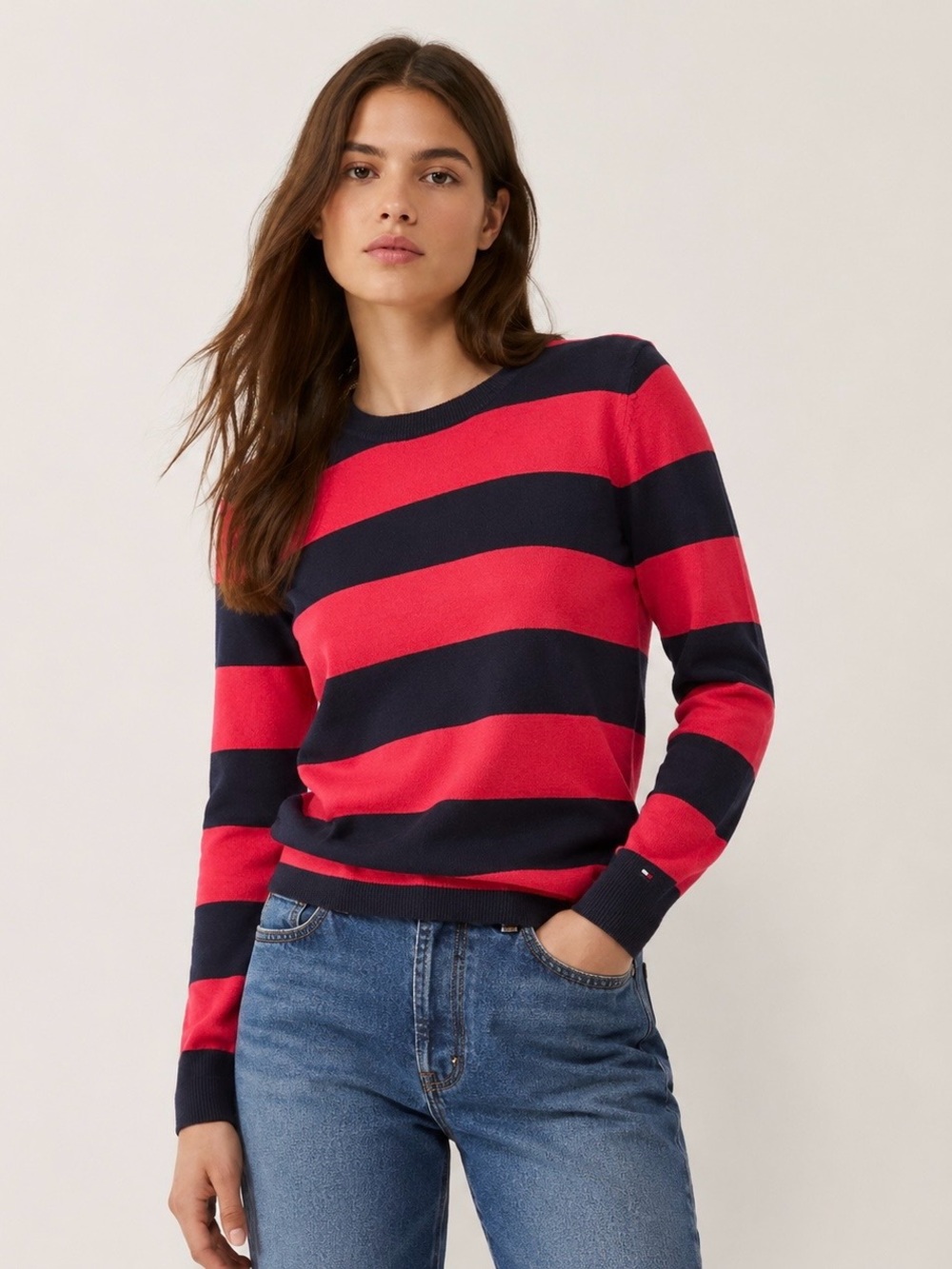 Tommy Hilfiger Women's Merino Wool Navy & Red Striped Crewneck Sweater - XS